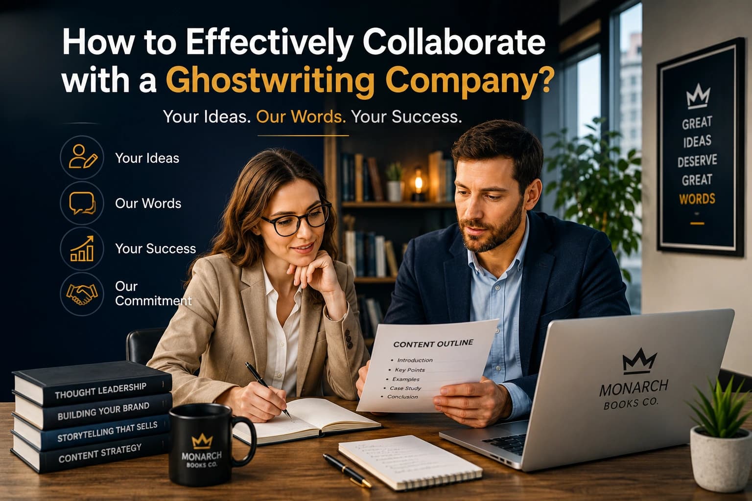 Author and ghostwriter collaborating on a manuscript during a professional writing session