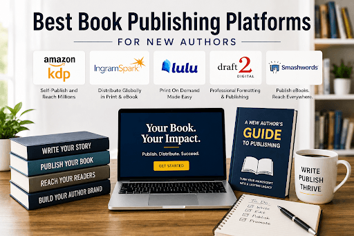 New author sitting at desk reviewing self-publishing platform options on laptop