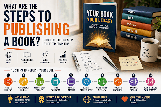 Step-by-step guide showing how beginners publish a book from manuscript to marketing.
