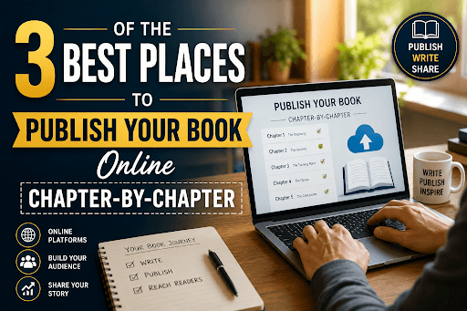 Author using online book publishing services to publish a book chapter by chapter on a laptop.