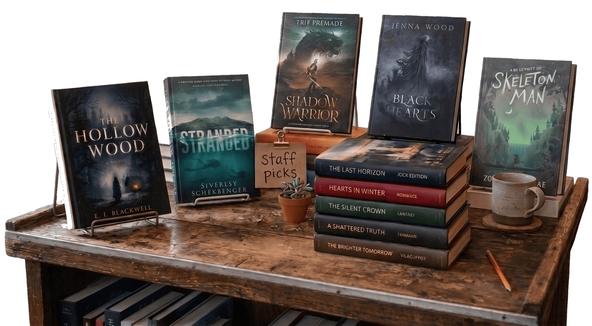 Books displayed on a wooden table in a bookstore