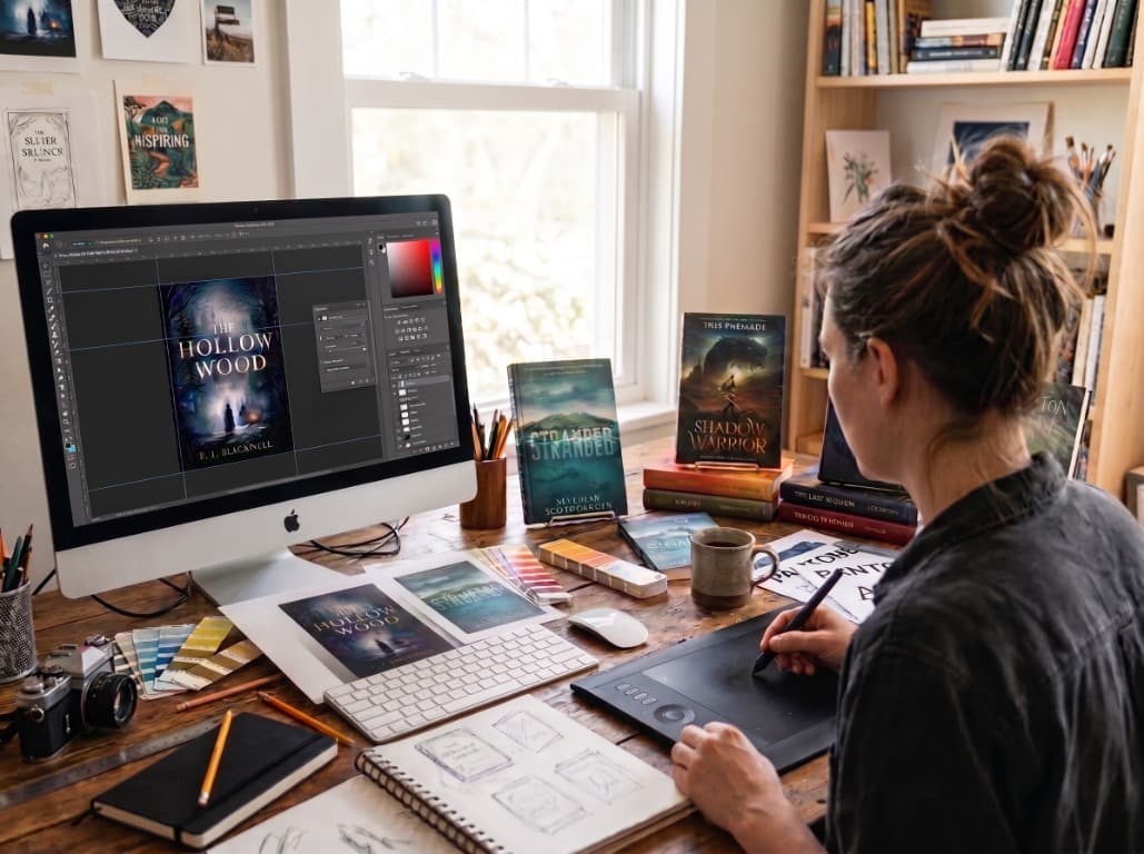 Book cover designer creating a cover in a home studio