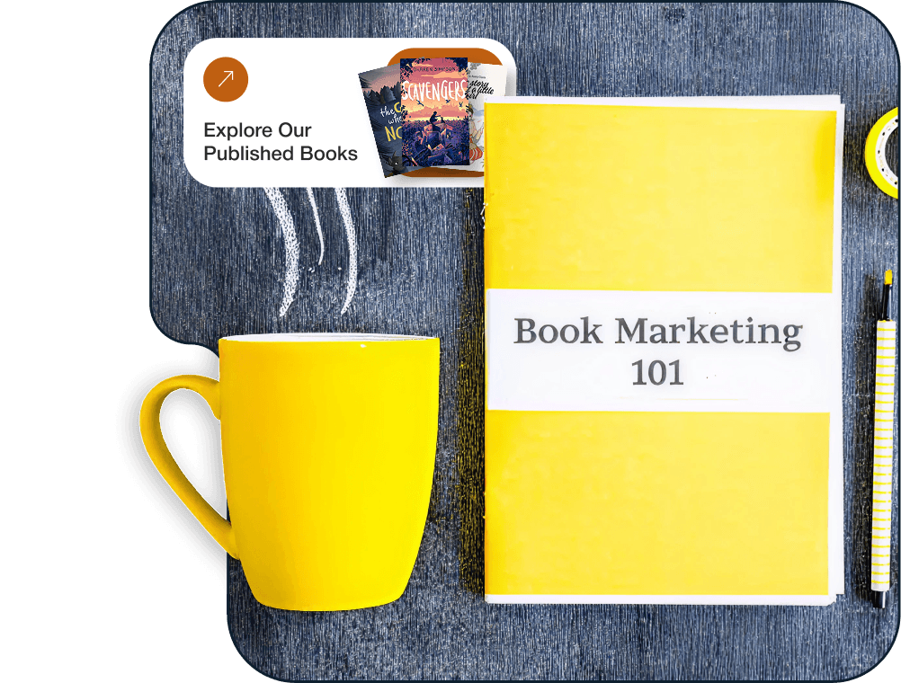 A yellow coffee mug and a notebook titled Book Marketing 101 on a dark textured desk.