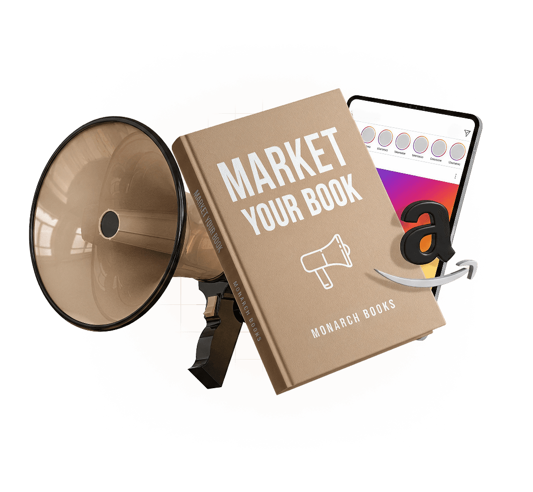 Book, megaphone, social feed, and Amazon logo representing Monarch book marketing.