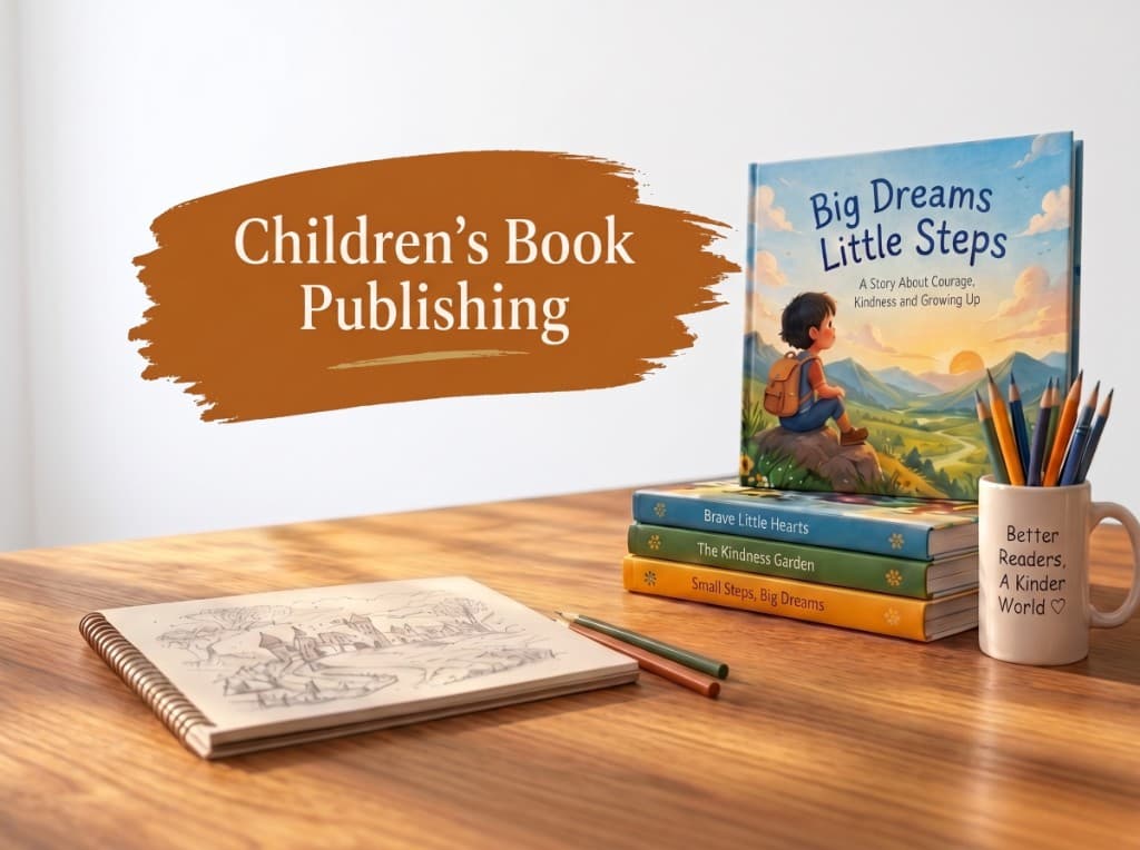 Children's book publishing desk with published books, sketchbook, and colored pencils