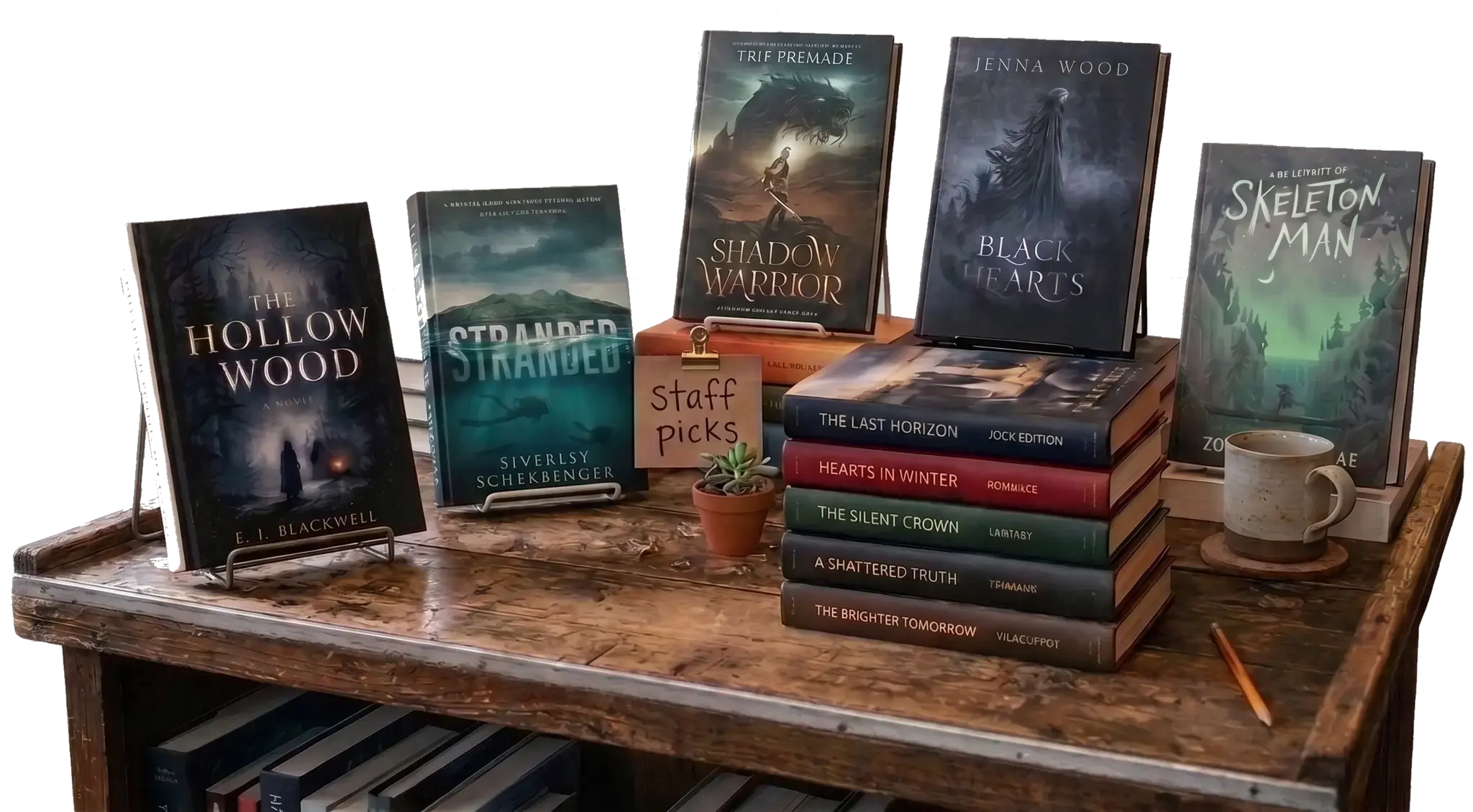 Published children's books displayed on a wooden desk