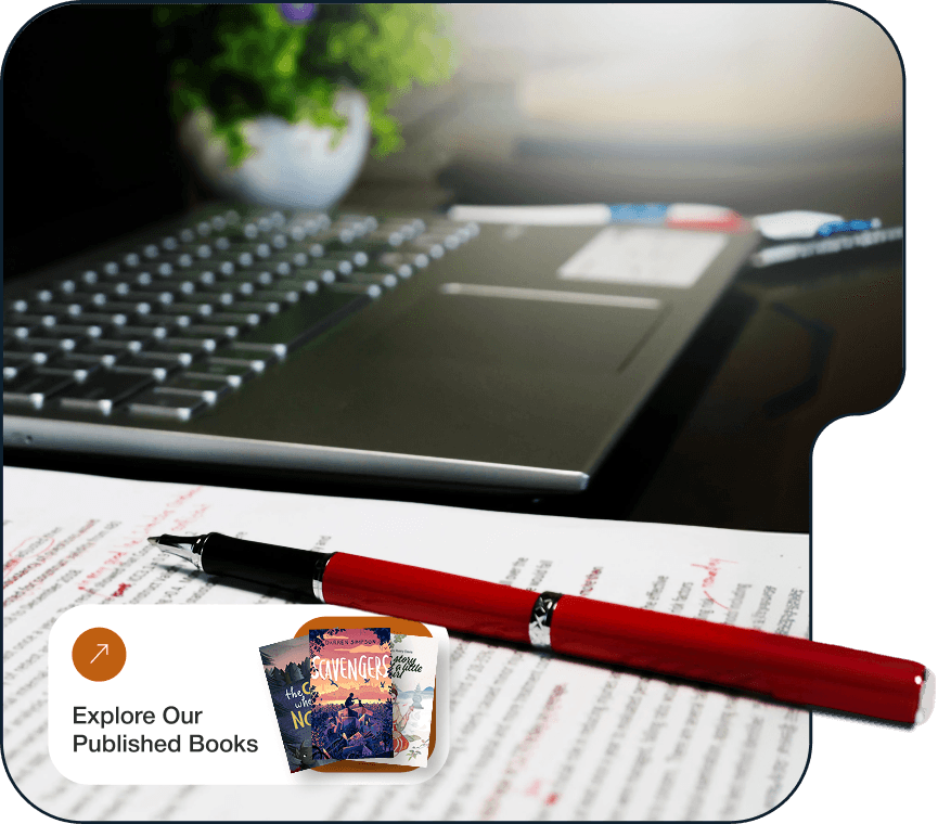 A yellow coffee mug and a notebook titled Book Marketing 101 on a dark textured desk.