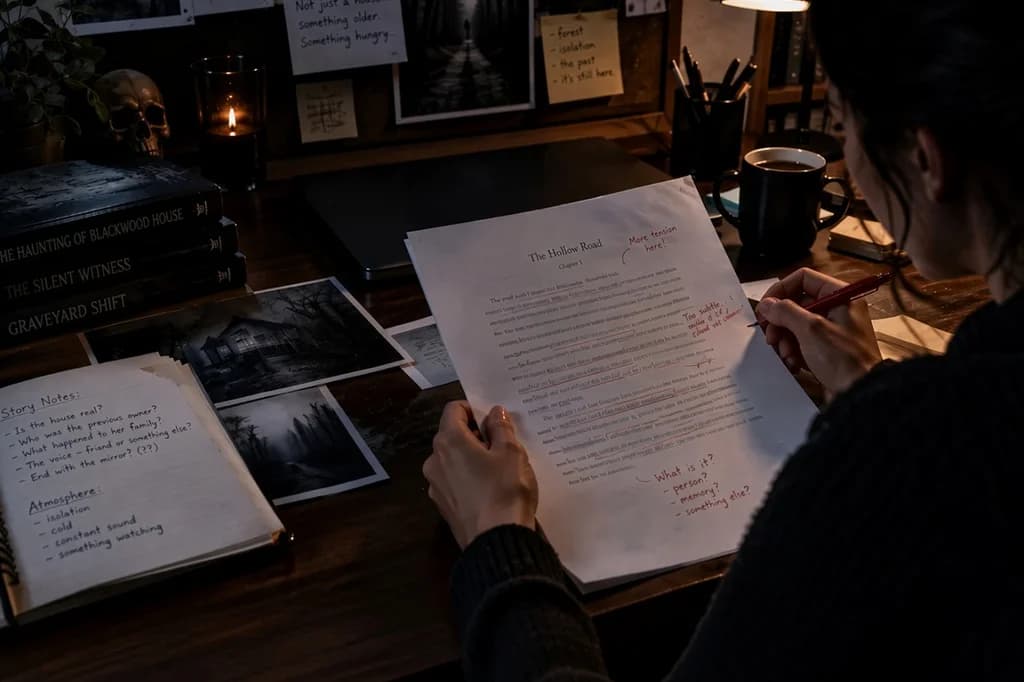 Horror ghostwriter marking a manuscript at a night desk
