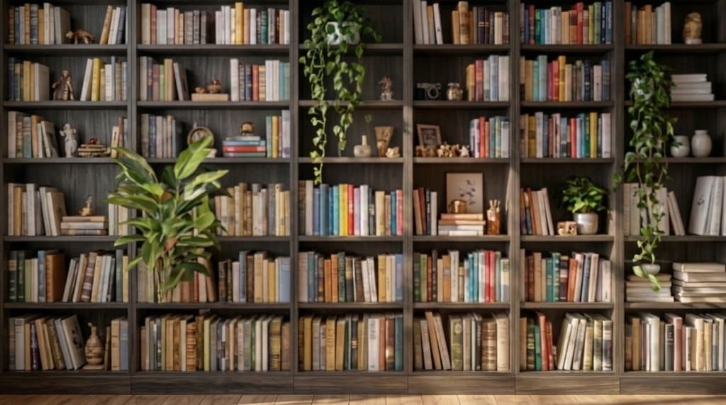 Bookshelf background with books and plants