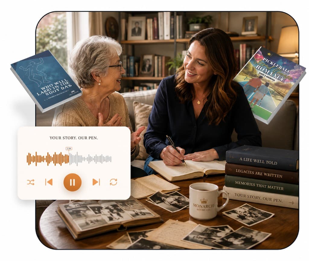 Memoir ghostwriting session with family photos, audio recording, and published books from Monarch Books Co