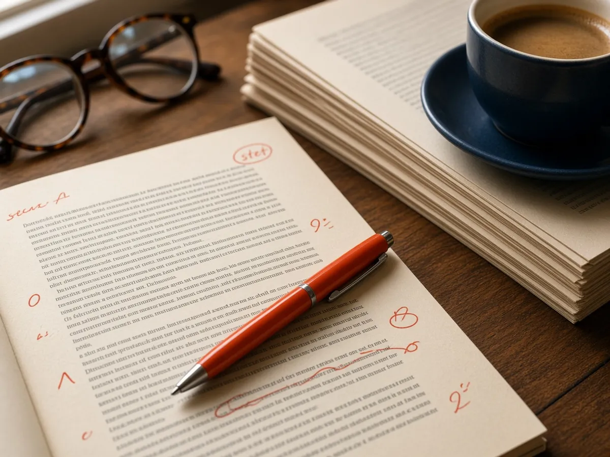 Printed manuscript page marked up with proofreading symbols beside an orange pen