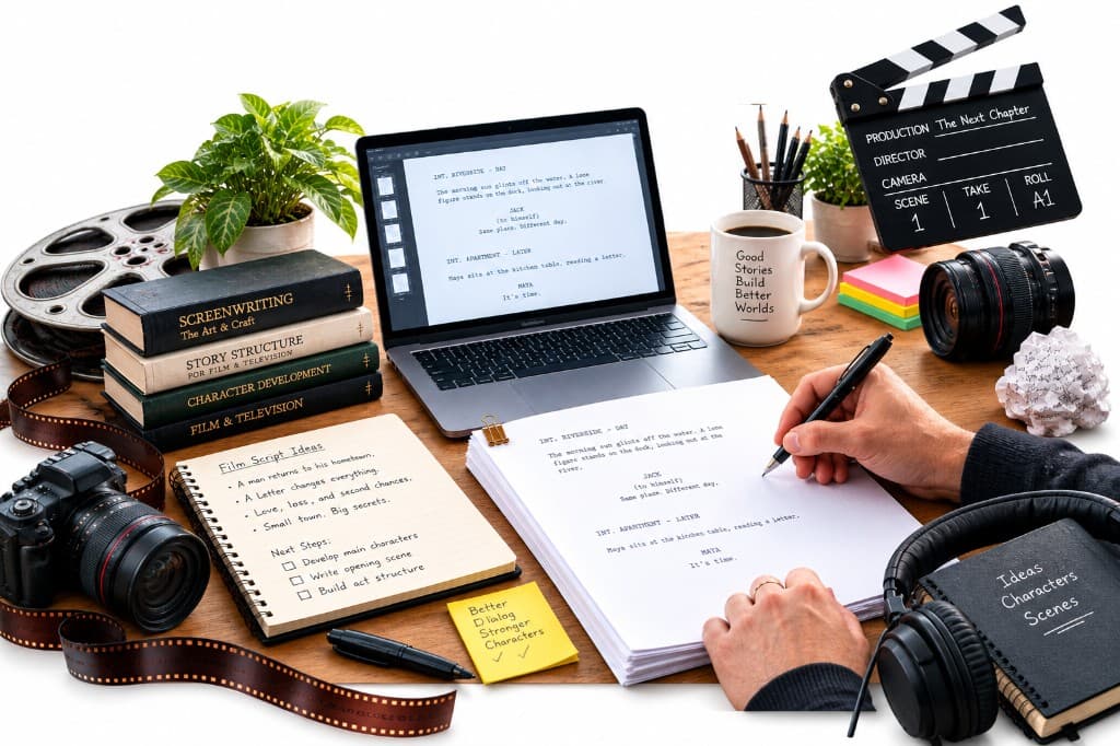 Professional script writing desk with screenplay, clapperboard, and film references