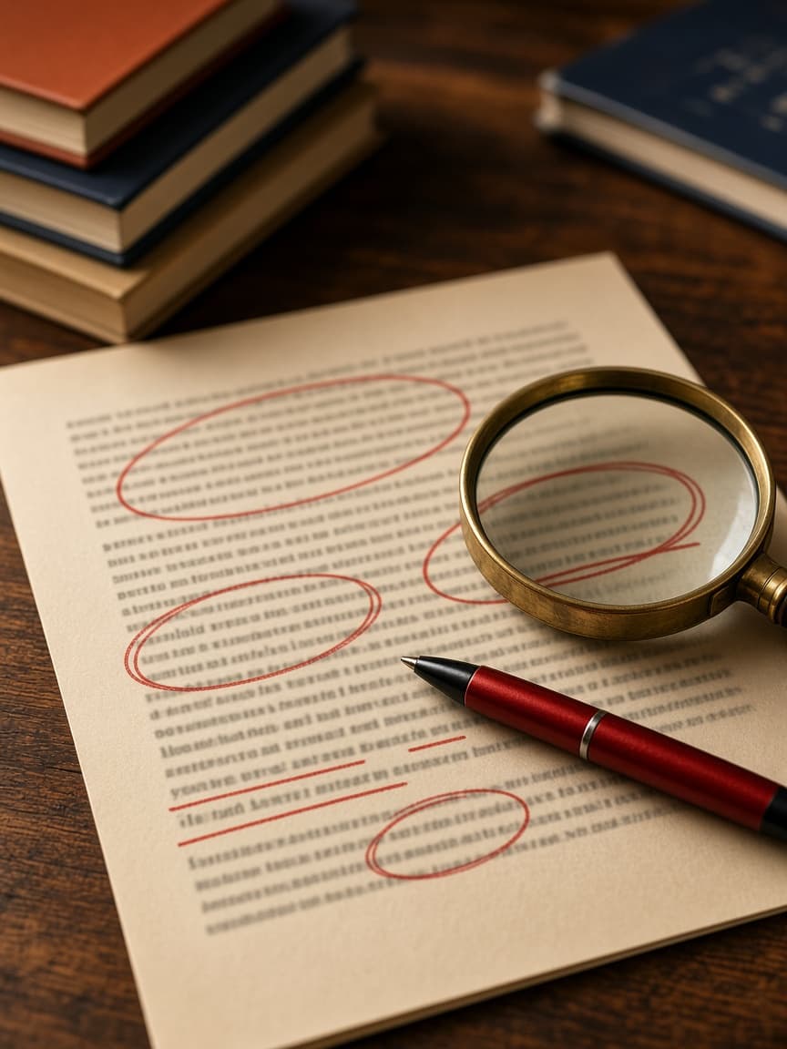 Publishing contract with risky clauses circled in red under a magnifying glass