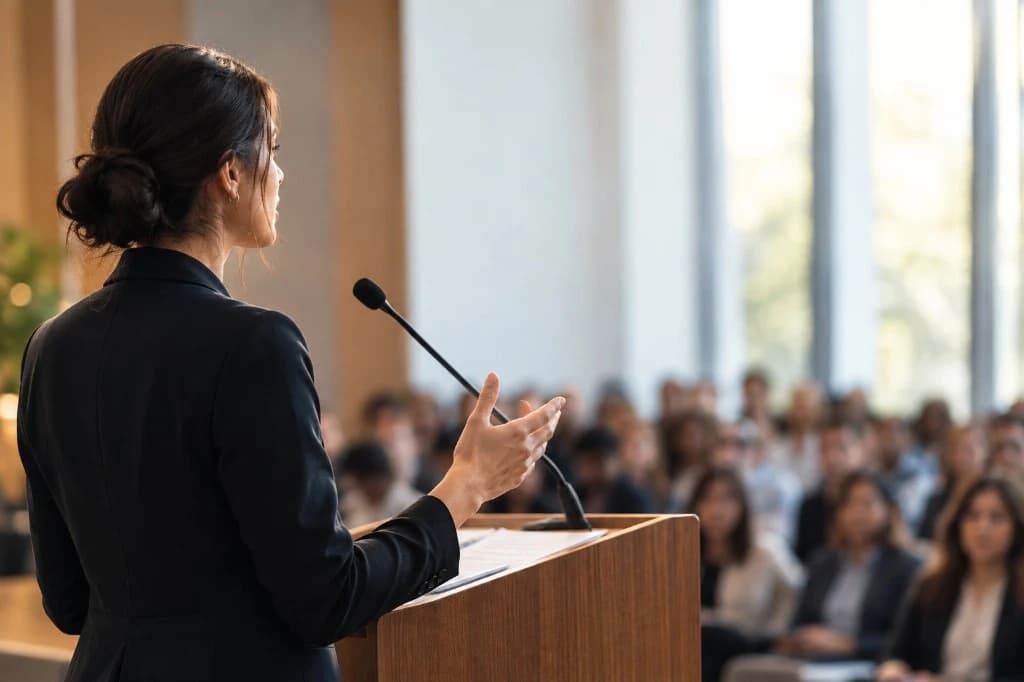 Professional speech writer delivering keynote speech at podium to an audience