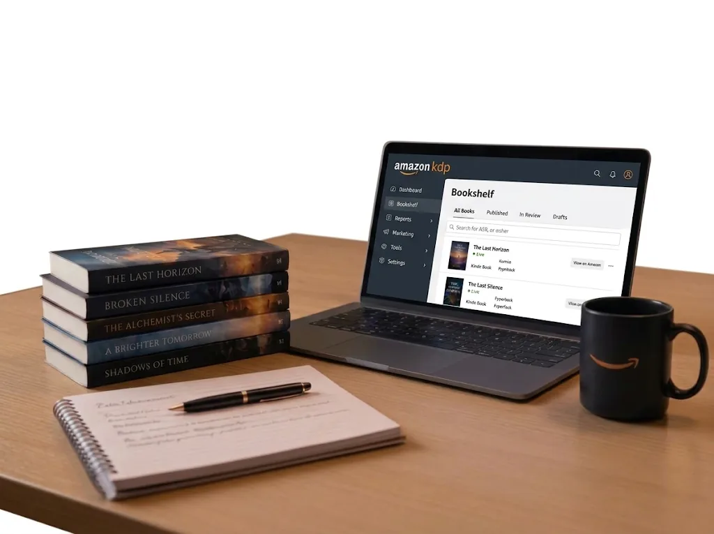 Amazon KDP dashboard on a laptop with published books, a notebook, and an Amazon mug