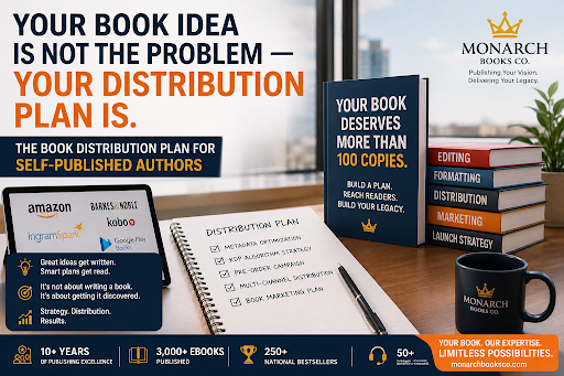 Self-published author reviewing a book distribution plan to reach readers on Amazon, Ingram, and global retail channels