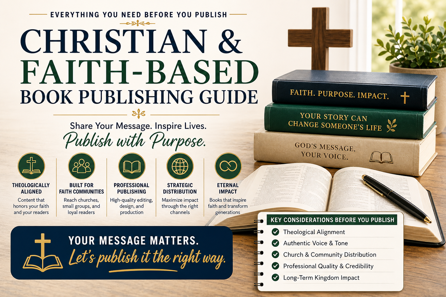 Christian and faith-based book publishing guide — stacked faith books, a wooden cross, and a publishing checklist on a writer's desk