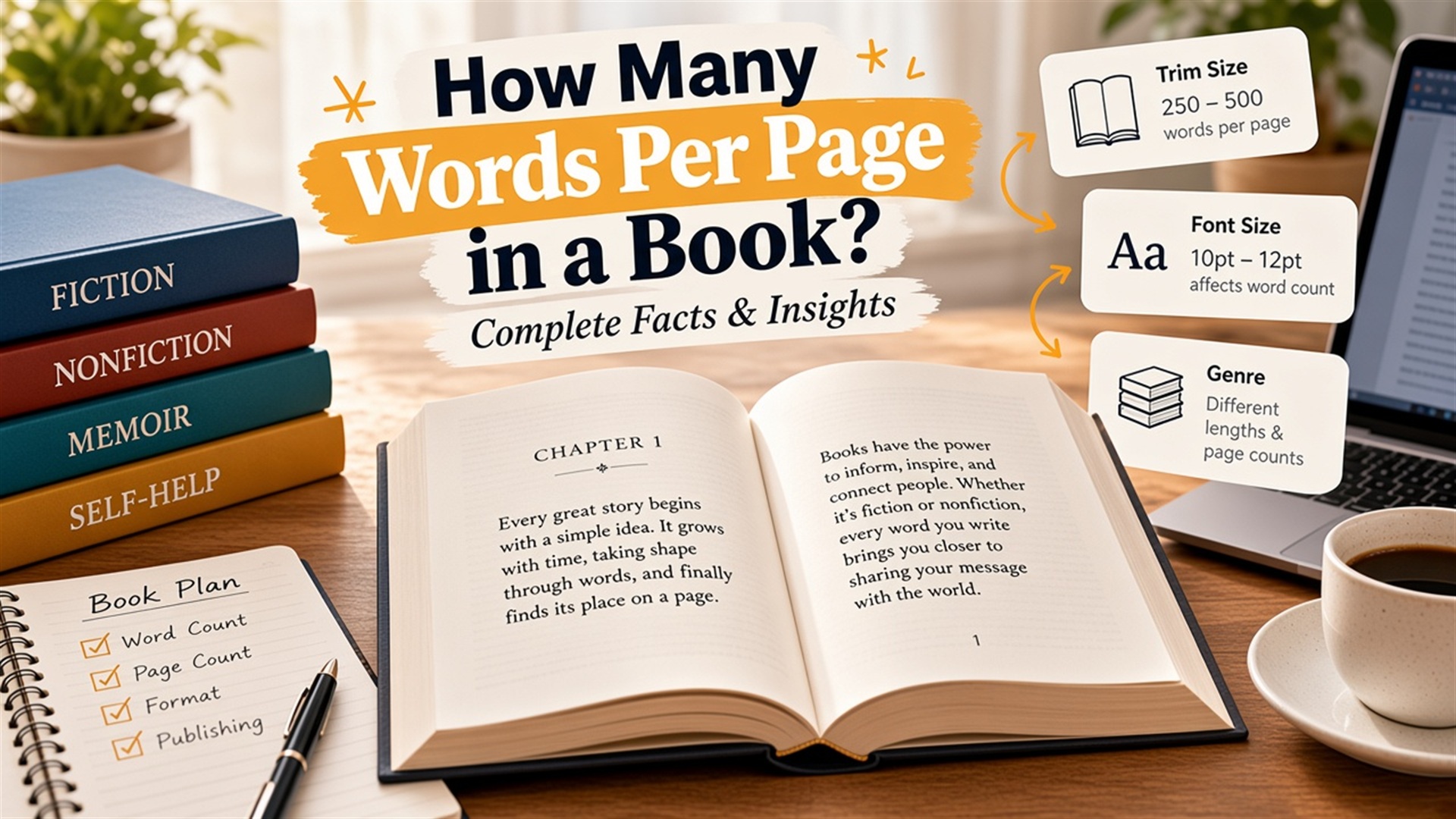 How many words per page in a book guide with book plan, trim size, and font size breakdown