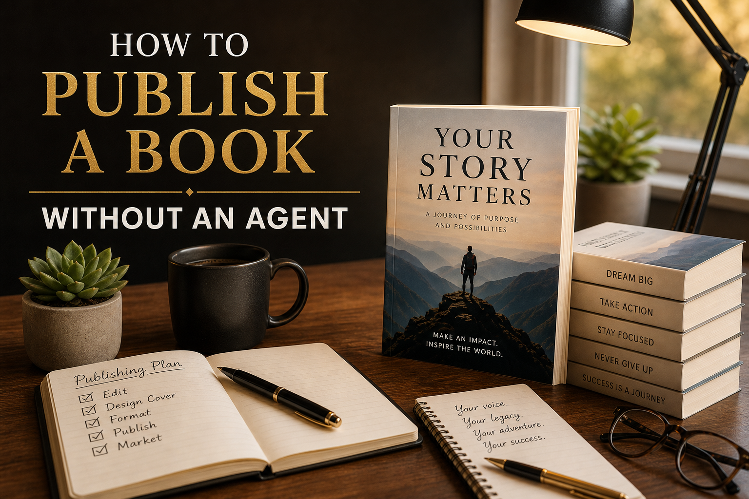 How to publish a book without an agent — self-publishing guide with publishing plan checklist on a writer's desk
