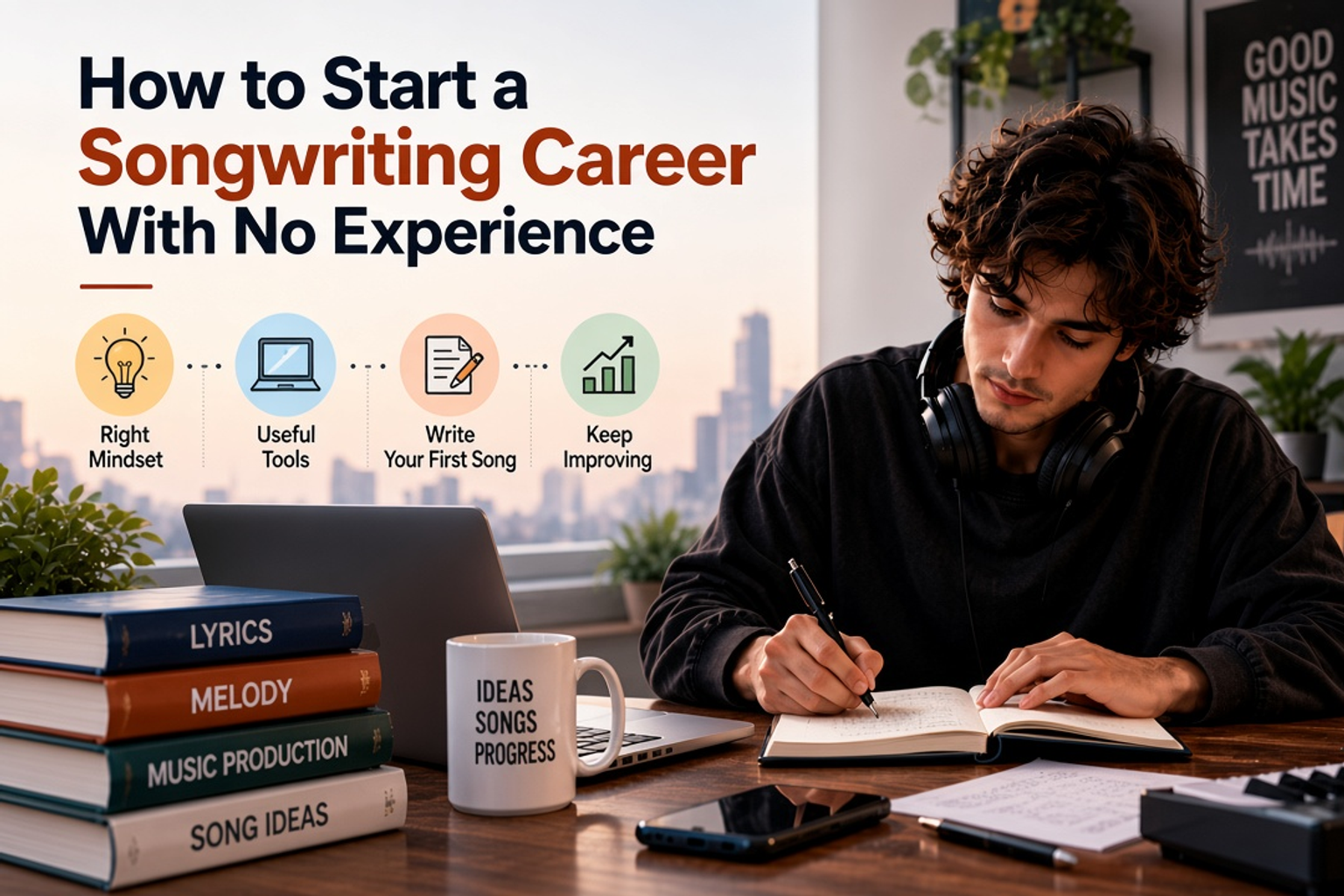 How to start a songwriting career with no experience — studio desk, songwriting tools, and a four-step beginner process