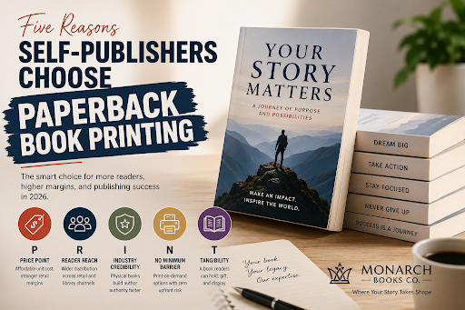 Five reasons self-publishers choose paperback book printing — price point, reader reach, credibility, print-on-demand, and tangibility