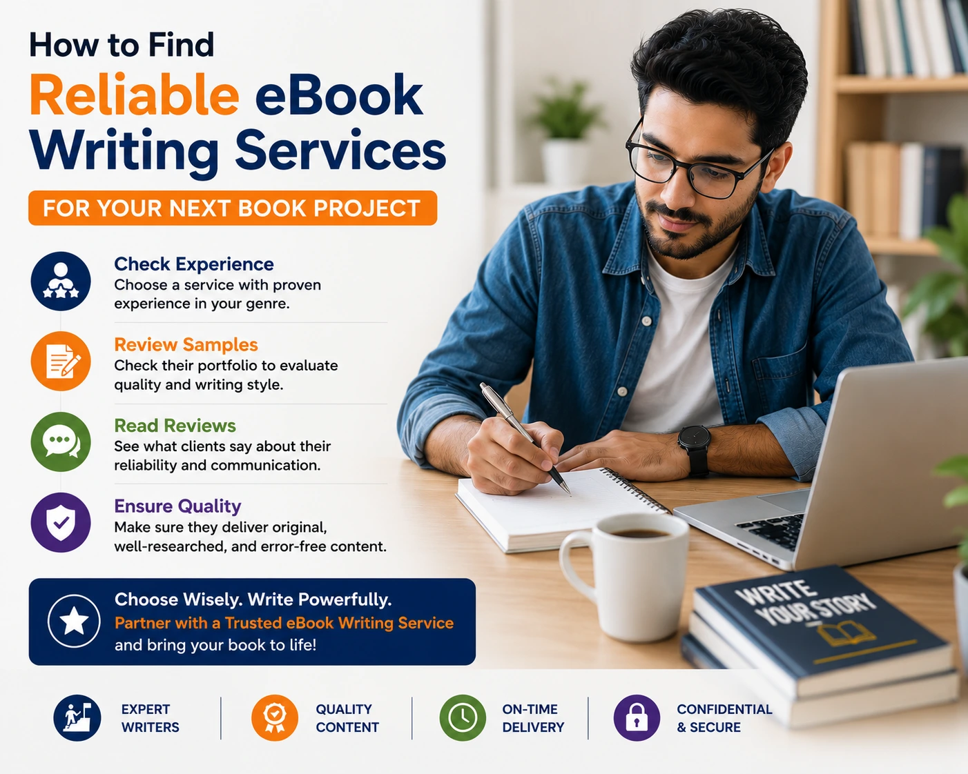 Professional eBook writing services desk setup with manuscript and laptop