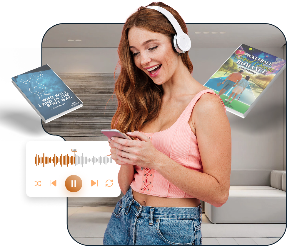 Listener with headphones and audiobook player representing professional audiobook publishing services.