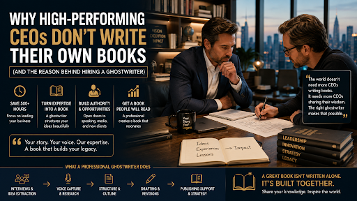 Why high-performing CEOs hire ghostwriters for their books — professional collaboration in a modern office